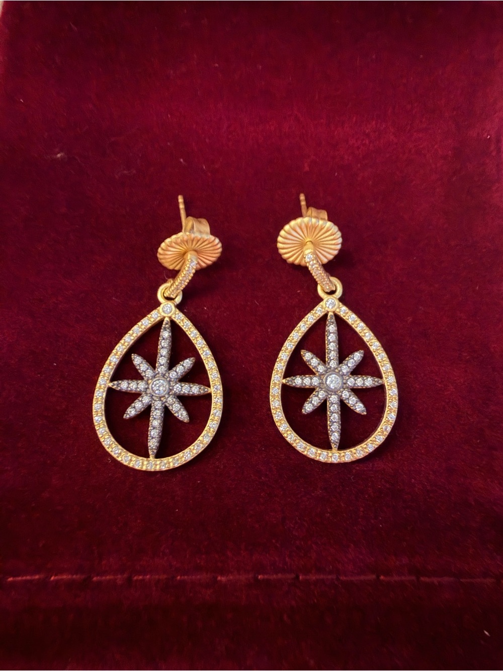 Freida Rothman Gold Plated Sterling Silver Starburst Drop Earrings NWT